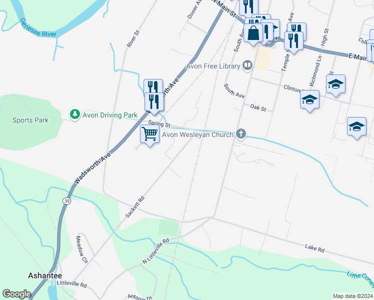 map of restaurants, bars, coffee shops, grocery stores, and more near 158 Sackett Road in Avon