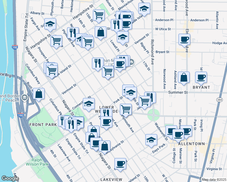 map of restaurants, bars, coffee shops, grocery stores, and more near 233 Plymouth Avenue in Buffalo