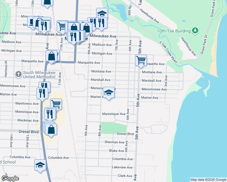 map of restaurants, bars, coffee shops, grocery stores, and more near 626 Marion Avenue in South Milwaukee