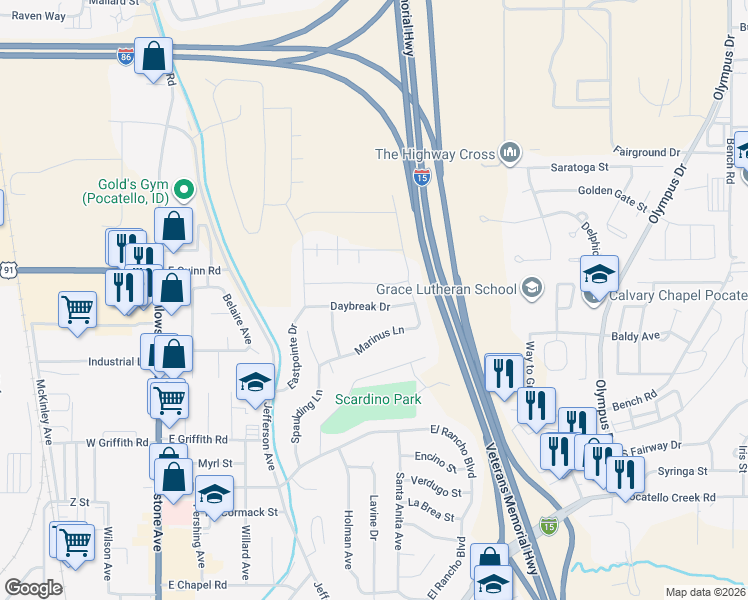 map of restaurants, bars, coffee shops, grocery stores, and more near 820 Daybreak Drive in Pocatello