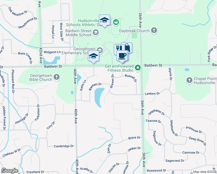 map of restaurants, bars, coffee shops, grocery stores, and more near 7441 Brewer Drive in Hudsonville