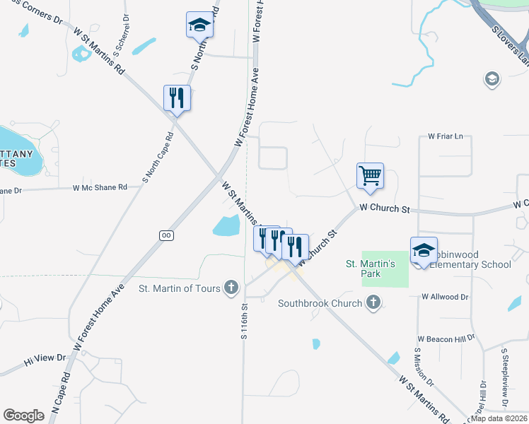 map of restaurants, bars, coffee shops, grocery stores, and more near 11460 West Saint Martins Road in Franklin