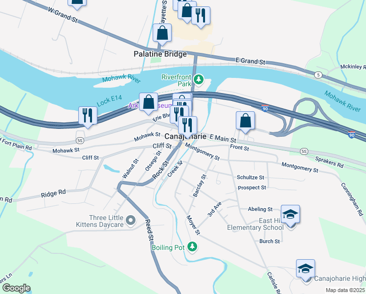 map of restaurants, bars, coffee shops, grocery stores, and more near 25 Mill Street in Canajoharie