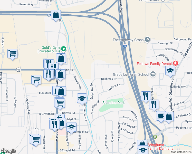 map of restaurants, bars, coffee shops, grocery stores, and more near 1620 Eastpointe Drive in Pocatello