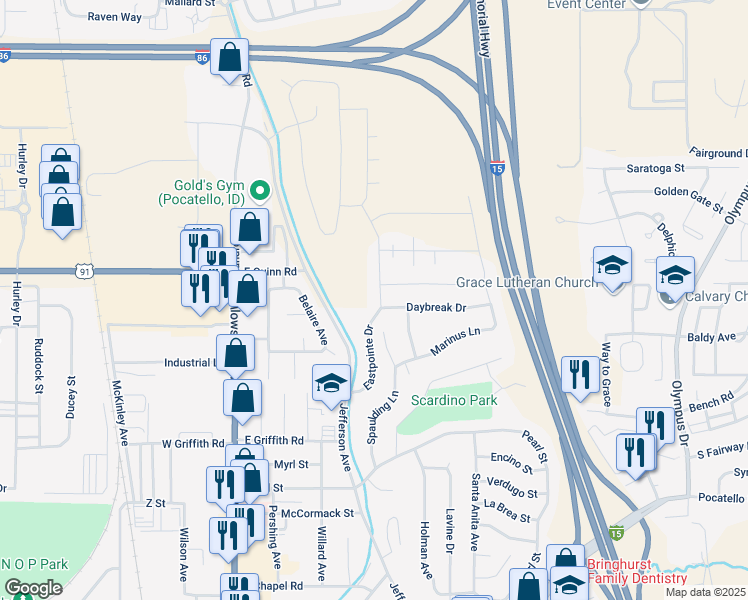 map of restaurants, bars, coffee shops, grocery stores, and more near 1623 Eastpointe Drive in Pocatello