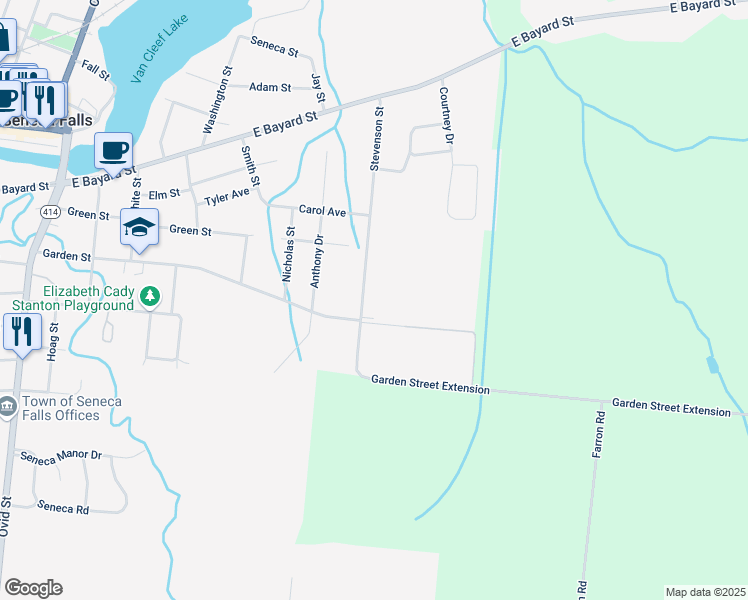 map of restaurants, bars, coffee shops, grocery stores, and more near 55 Stevenson Street in Seneca Falls