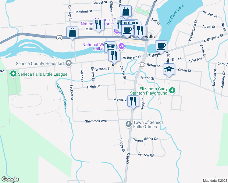 map of restaurants, bars, coffee shops, grocery stores, and more near 68 Bridge Street in Seneca Falls