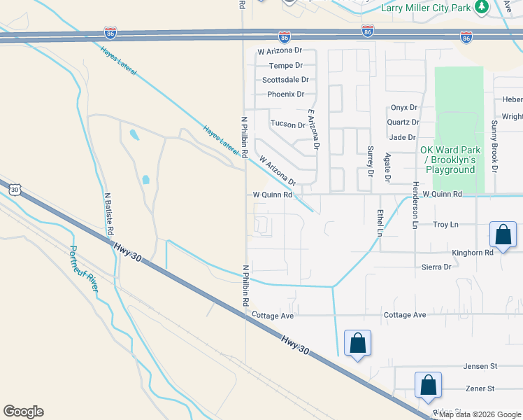 map of restaurants, bars, coffee shops, grocery stores, and more near Breezy Point Drive in Pocatello