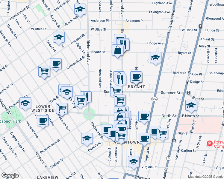 map of restaurants, bars, coffee shops, grocery stores, and more near 7 Ashland Avenue in Buffalo