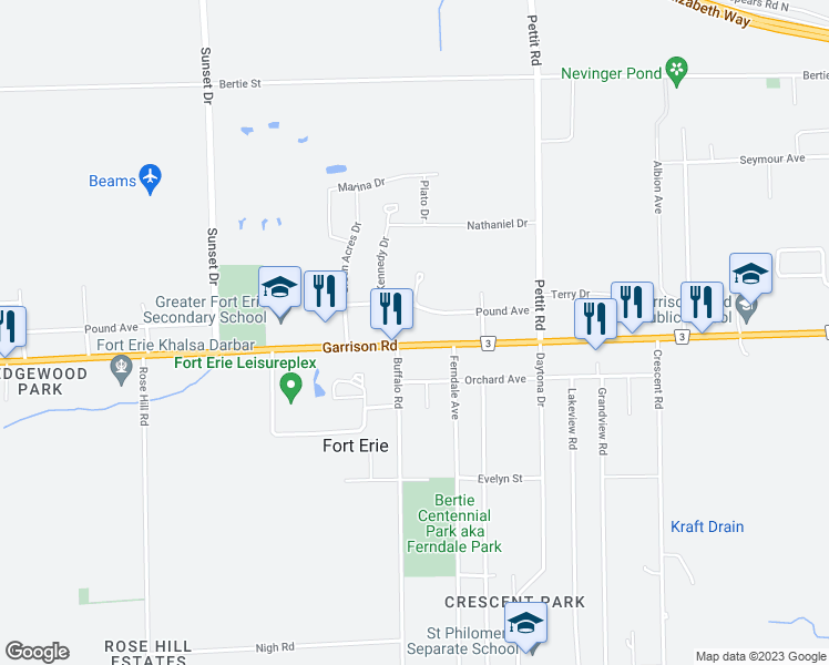 map of restaurants, bars, coffee shops, grocery stores, and more near 1462 Garrison Road in Fort Erie