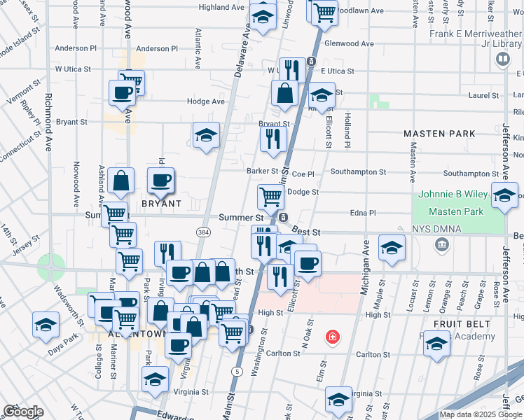 map of restaurants, bars, coffee shops, grocery stores, and more near 1130 Main Street in Buffalo