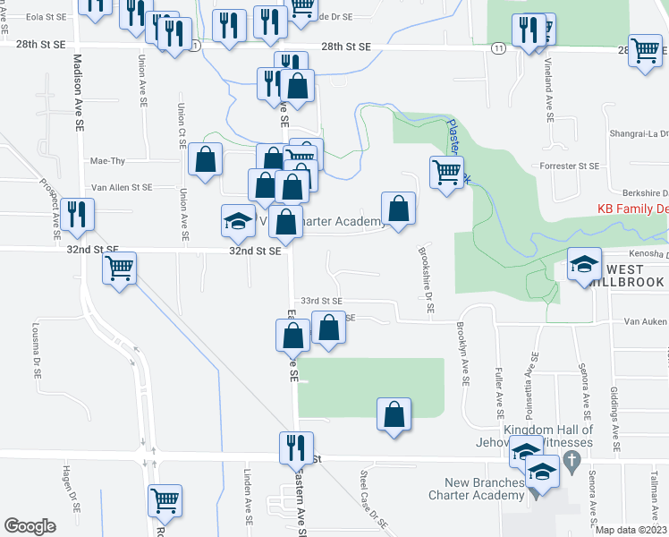 map of restaurants, bars, coffee shops, grocery stores, and more near 3220 Marshall Avenue Southeast in Grand Rapids