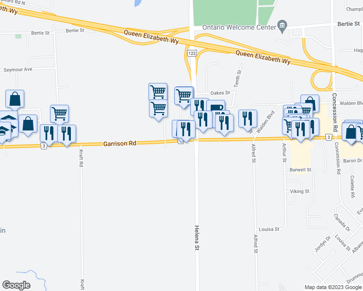 map of restaurants, bars, coffee shops, grocery stores, and more near 707 Garrison Road in Fort Erie