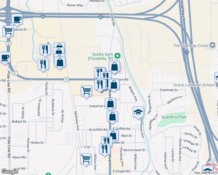 map of restaurants, bars, coffee shops, grocery stores, and more near 1595 Yellowstone Avenue in Pocatello