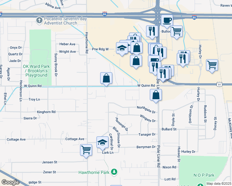 map of restaurants, bars, coffee shops, grocery stores, and more near 1033 West Quinn Road in Pocatello