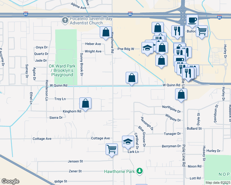 map of restaurants, bars, coffee shops, grocery stores, and more near 3942 Hawthorne Road in Pocatello