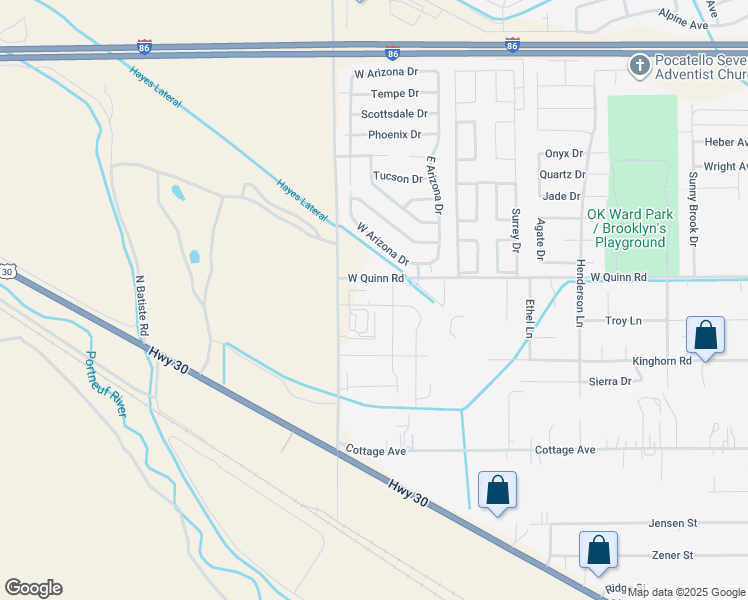 map of restaurants, bars, coffee shops, grocery stores, and more near Breezy Point Drive in Pocatello