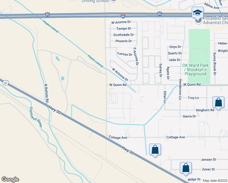 map of restaurants, bars, coffee shops, grocery stores, and more near Breezy Point Drive in Pocatello