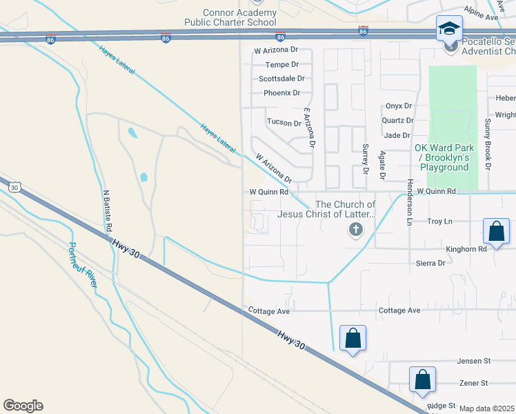 map of restaurants, bars, coffee shops, grocery stores, and more near Breezy Point Drive in Pocatello