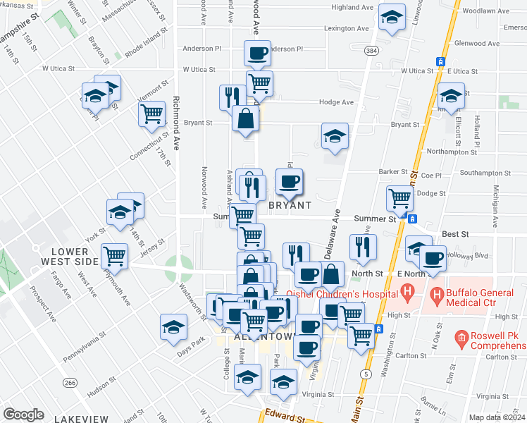 map of restaurants, bars, coffee shops, grocery stores, and more near 200 Summer Street in Buffalo
