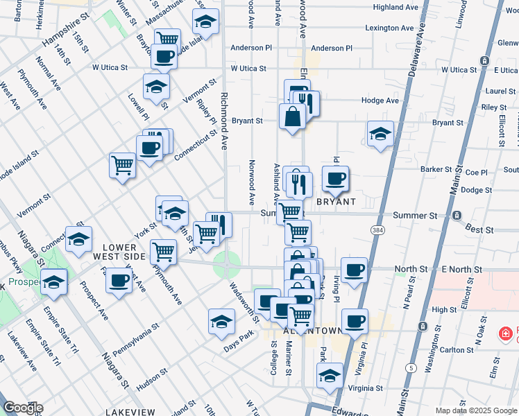map of restaurants, bars, coffee shops, grocery stores, and more near 320 Summer Street in Buffalo