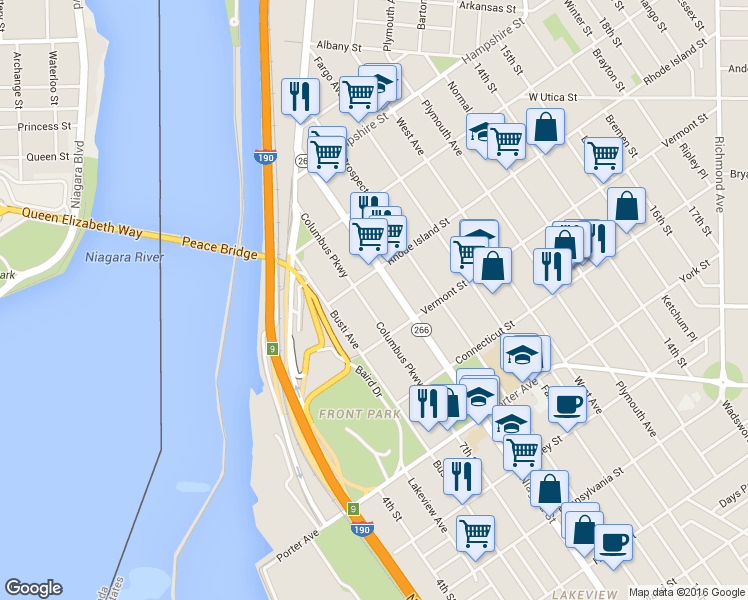 map of restaurants, bars, coffee shops, grocery stores, and more near 768 Columbus Parkway in Buffalo