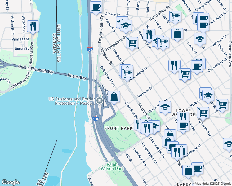 map of restaurants, bars, coffee shops, grocery stores, and more near 783 Busti Avenue in Buffalo