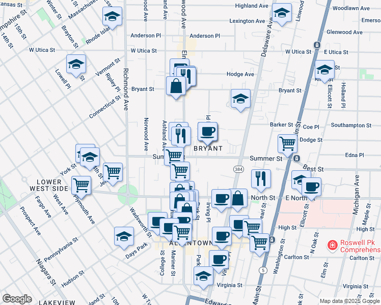 map of restaurants, bars, coffee shops, grocery stores, and more near 219 Summer Street in Buffalo