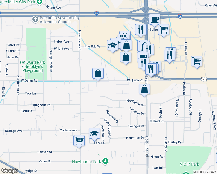 map of restaurants, bars, coffee shops, grocery stores, and more near 1033 West Quinn Road in Pocatello