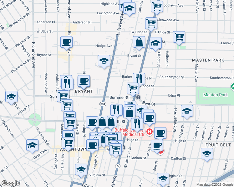 map of restaurants, bars, coffee shops, grocery stores, and more near 46 Summer Hill Lane in Williamsville