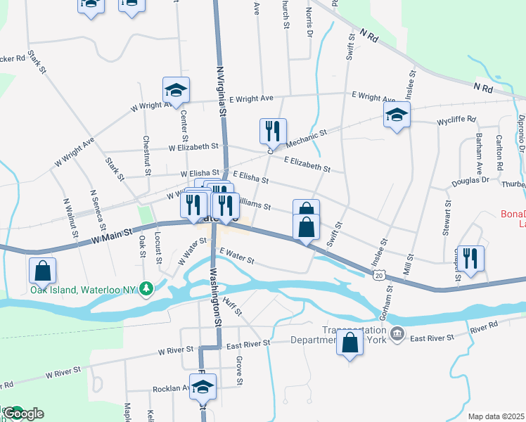map of restaurants, bars, coffee shops, grocery stores, and more near 105 East Main Street in Waterloo