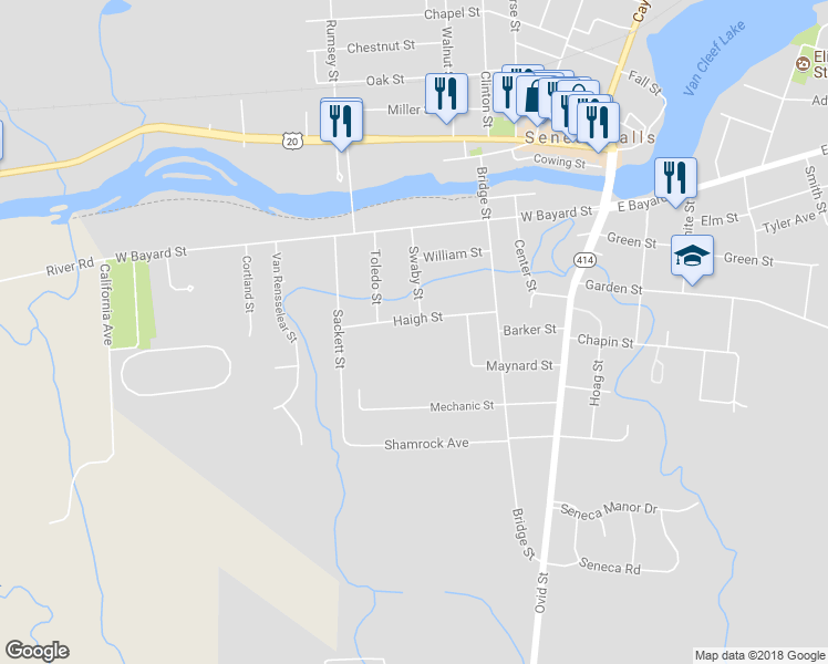 map of restaurants, bars, coffee shops, grocery stores, and more near 29 Haigh Street in Seneca Falls