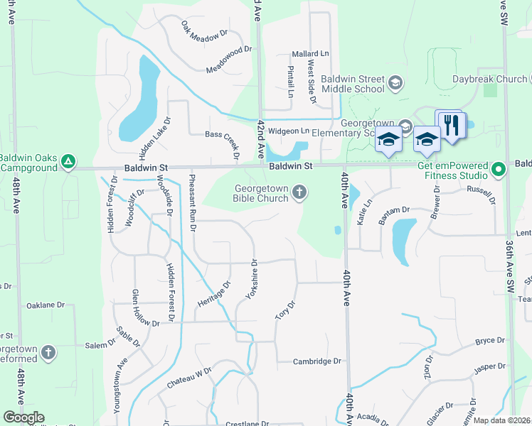 map of restaurants, bars, coffee shops, grocery stores, and more near 4194 Yorkshire Court in Hudsonville