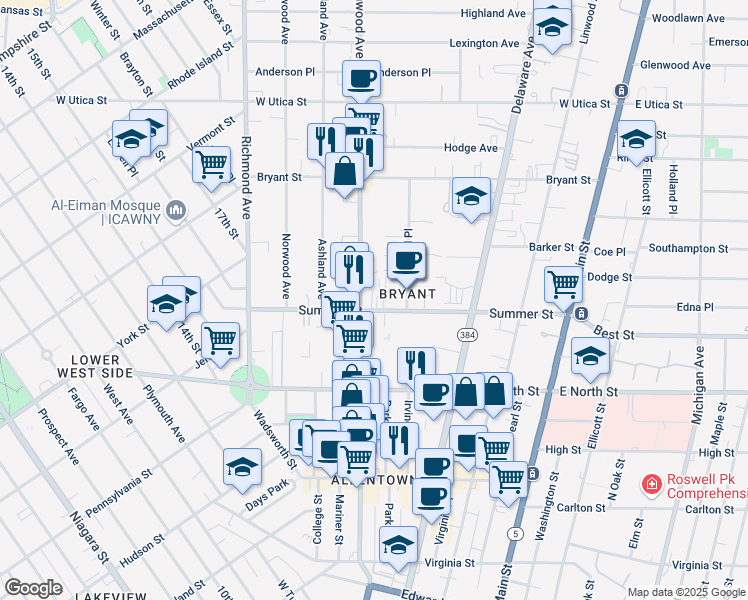 map of restaurants, bars, coffee shops, grocery stores, and more near 217 Summer Street in Buffalo
