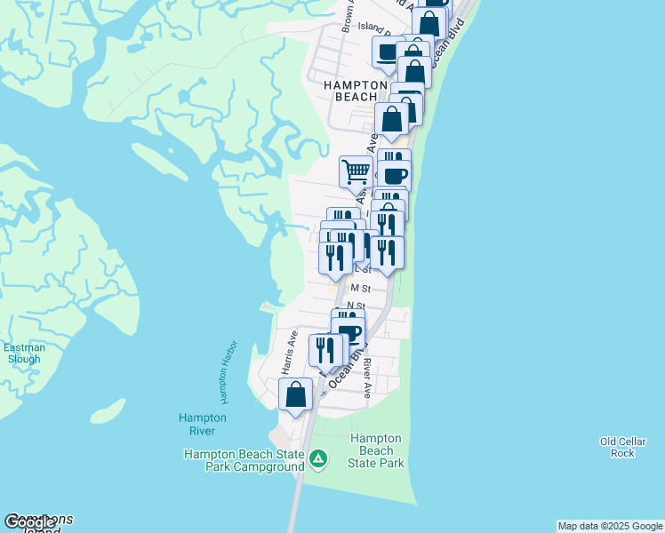 map of restaurants, bars, coffee shops, grocery stores, and more near 12 Riverview Terrace in Hampton