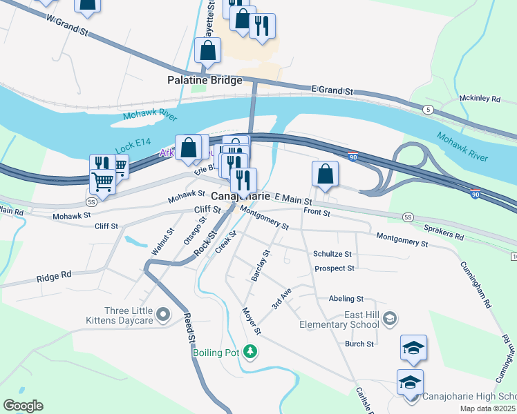 map of restaurants, bars, coffee shops, grocery stores, and more near 10 Montgomery Street in Canajoharie