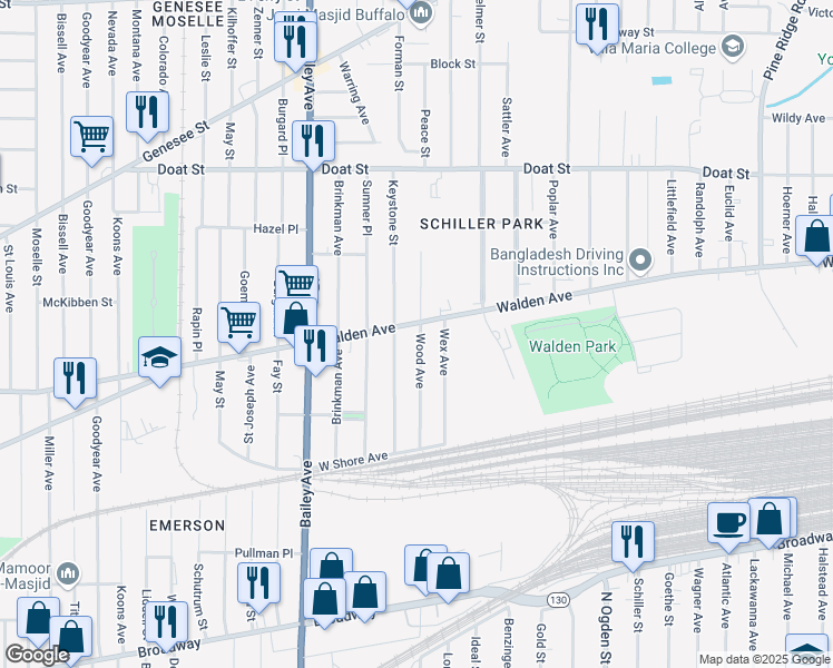 map of restaurants, bars, coffee shops, grocery stores, and more near 101 Keystone Street in Buffalo