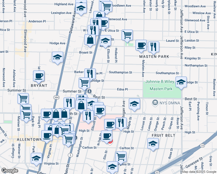 map of restaurants, bars, coffee shops, grocery stores, and more near 973 Ellicott Street in Buffalo