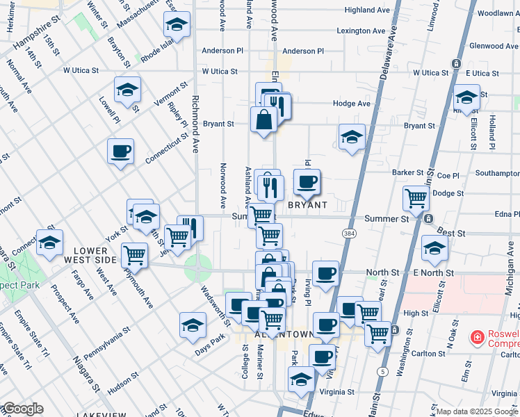 map of restaurants, bars, coffee shops, grocery stores, and more near 274 Elmwood Avenue in Buffalo