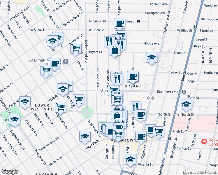 map of restaurants, bars, coffee shops, grocery stores, and more near 280 Summer Street in Buffalo