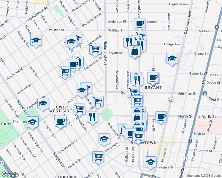 map of restaurants, bars, coffee shops, grocery stores, and more near 320 Summer Street in Buffalo