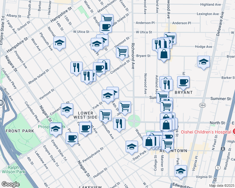 map of restaurants, bars, coffee shops, grocery stores, and more near 33 Ketchum Place in Buffalo