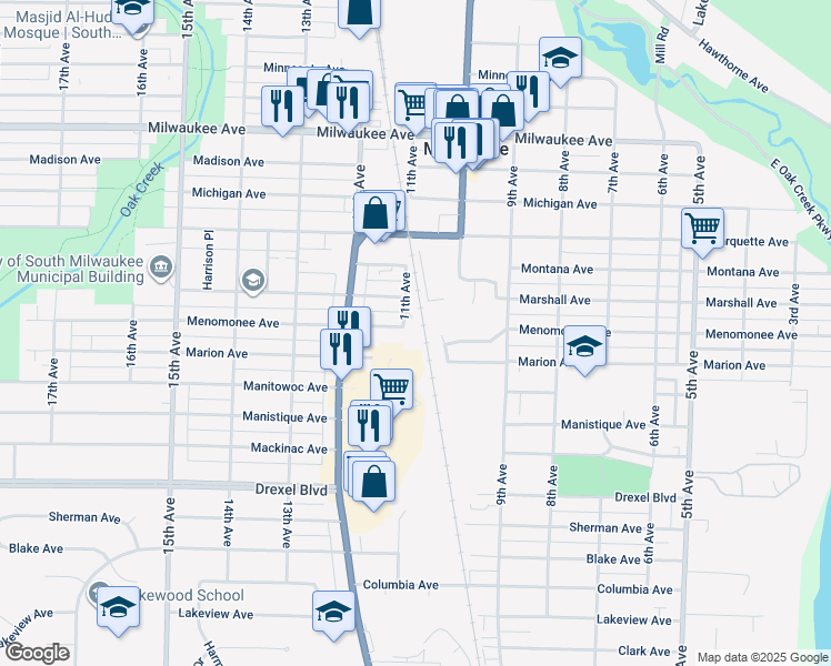 map of restaurants, bars, coffee shops, grocery stores, and more near 2601 11th Avenue in South Milwaukee