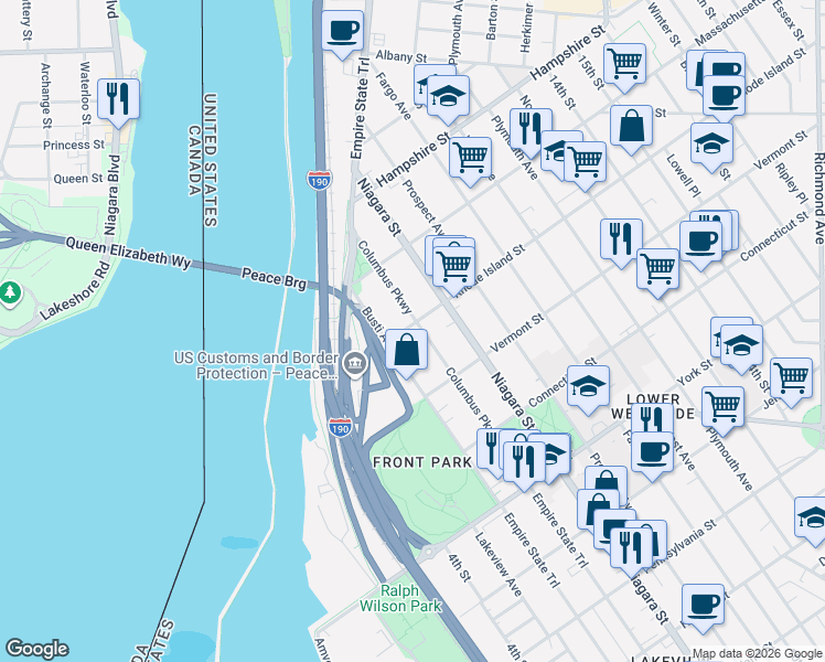 map of restaurants, bars, coffee shops, grocery stores, and more near 800 Columbus Parkway in Buffalo