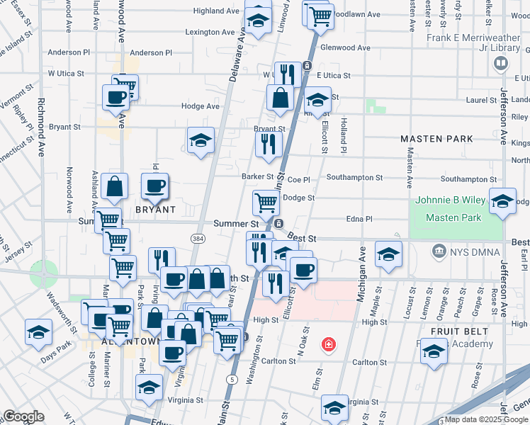 map of restaurants, bars, coffee shops, grocery stores, and more near 1130 Main Street in Buffalo