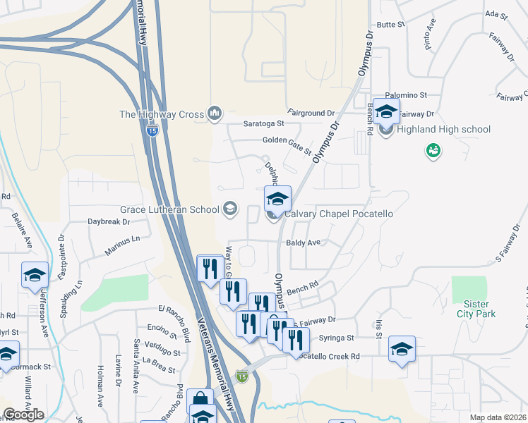 map of restaurants, bars, coffee shops, grocery stores, and more near 1642 Calico Circle in Pocatello