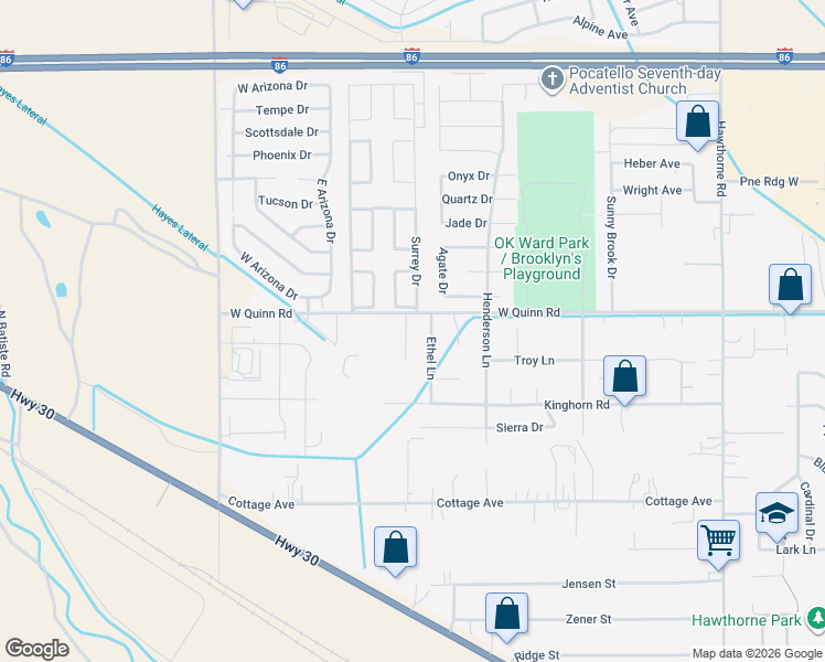map of restaurants, bars, coffee shops, grocery stores, and more near 3938 Aaron Lane in Pocatello