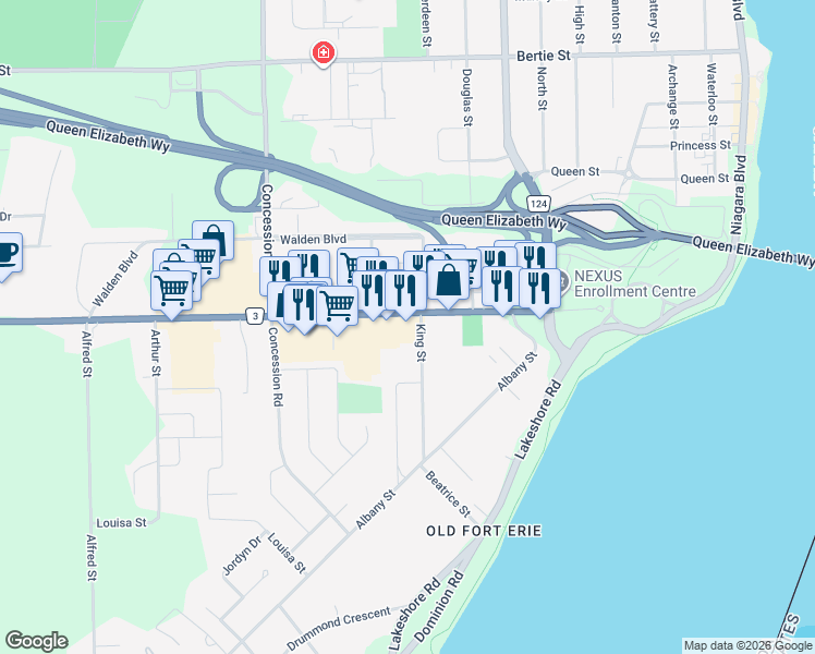 map of restaurants, bars, coffee shops, grocery stores, and more near 224 Garrison Road in Fort Erie