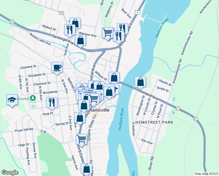 map of restaurants, bars, coffee shops, grocery stores, and more near 60 North Main Street in Mechanicville