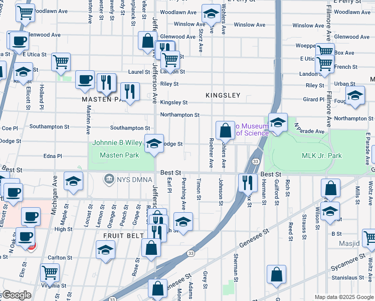 map of restaurants, bars, coffee shops, grocery stores, and more near in Buffalo